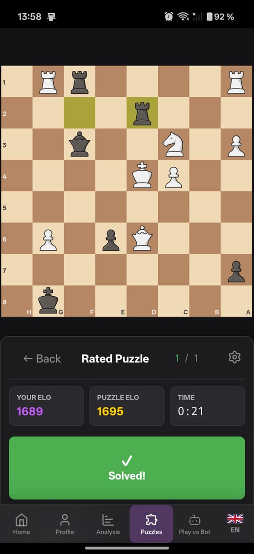 ChessOnyx Android app: a solved rated puzzle